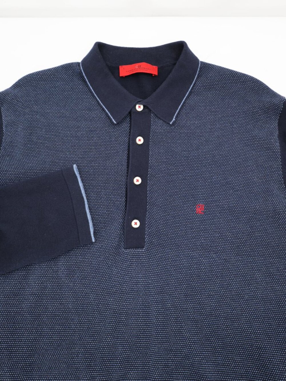 Carolina Herrera Polo Shirt Men Large Cotton Long Sleeve Pique Blue knit popover